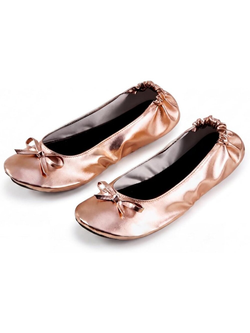 Women's Gold Leather Foldable Ballet Flats Roll Up Travel Shoes With Pouch